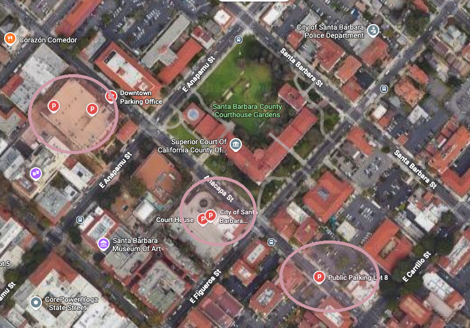 Map of parking near the Santa Barbara Courthouse, with City Lots 6, 7, and 8 circled