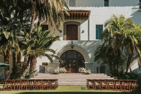 The Fiesta Stage at the Santa Barbara Courthouse, with chairs set on the lawn