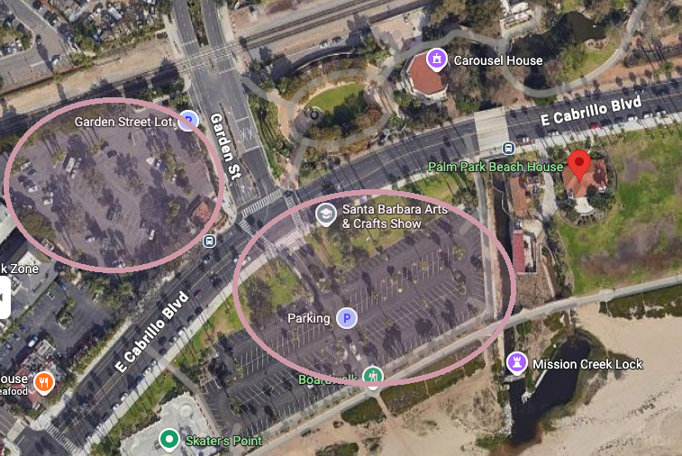 Map of parking near Palm Park Beach House, with the adjacent lot and Garden Street Lot circled